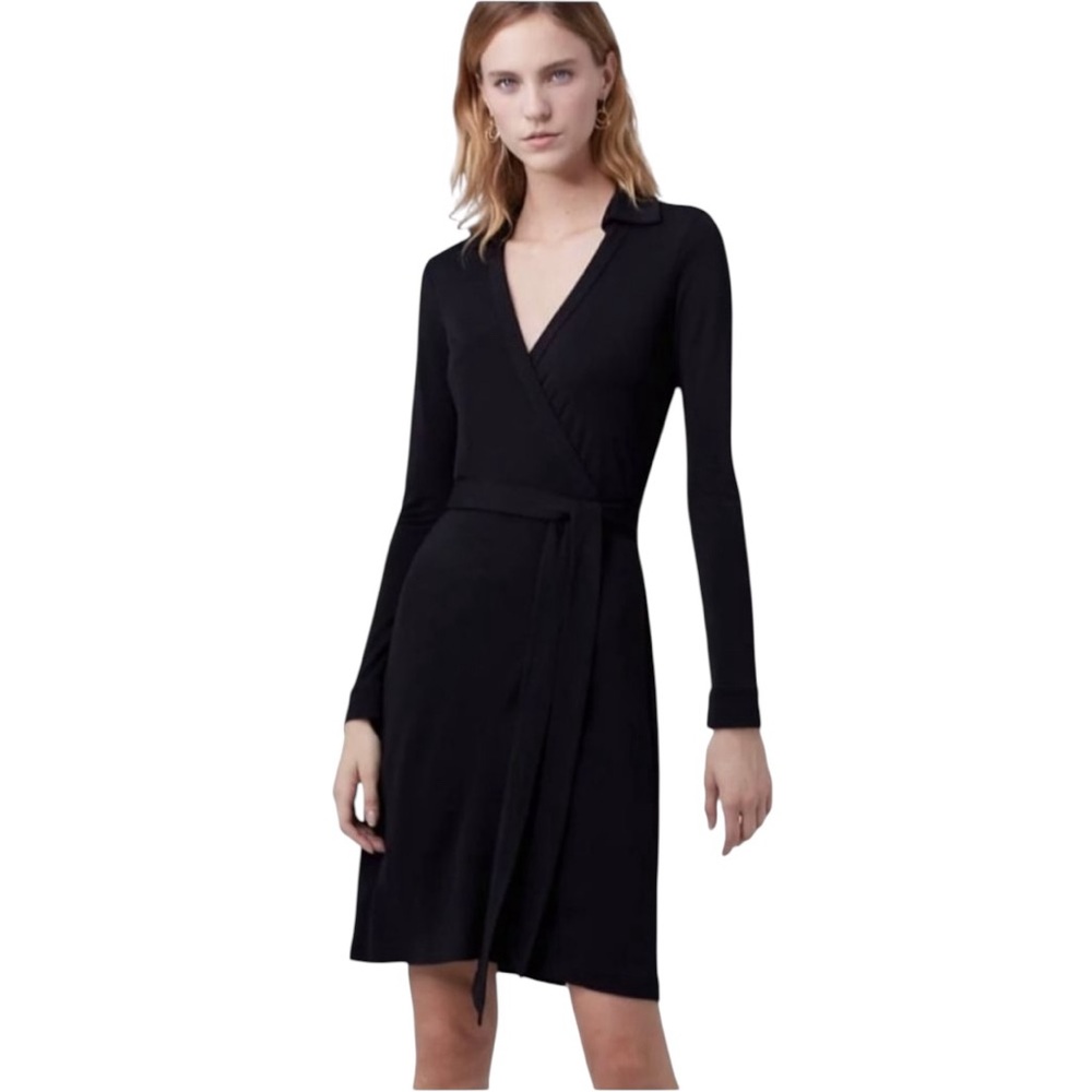 DVF Diane Von Furstenberg Jeanne Collar Vneck Black Long Sleeve Cuff Dress 4